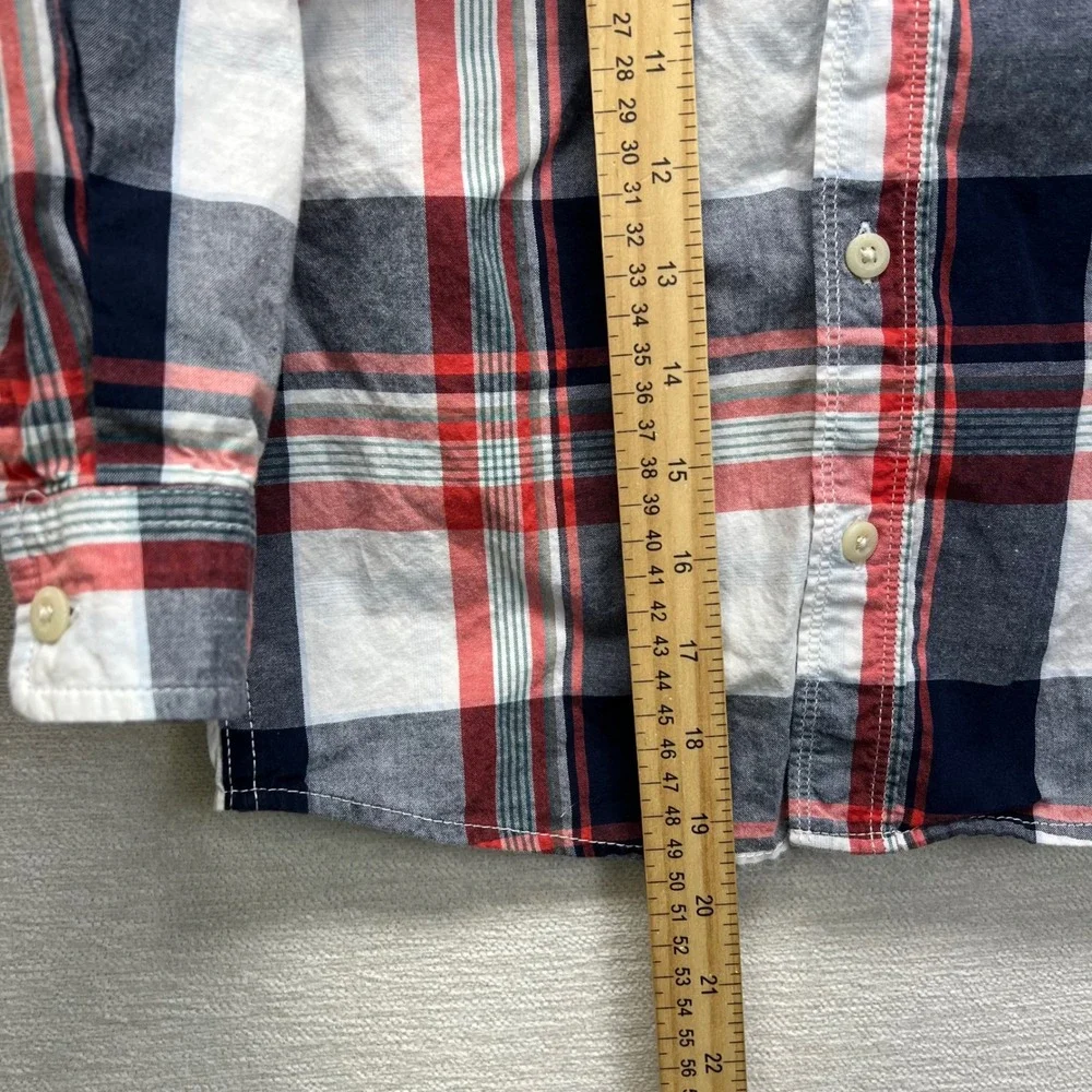 OshKosh Bgosh Plaid Button Down Shirt Boys‎ 6 Red Navy Blue Long Sleeve Pockets